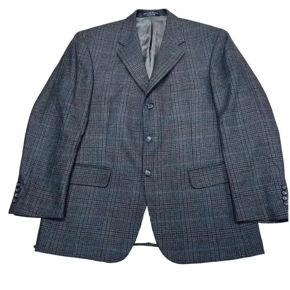 Andrew Fezza Plaid 3 Button Sport Coat Blazer Mens 40S Brown Lambswool